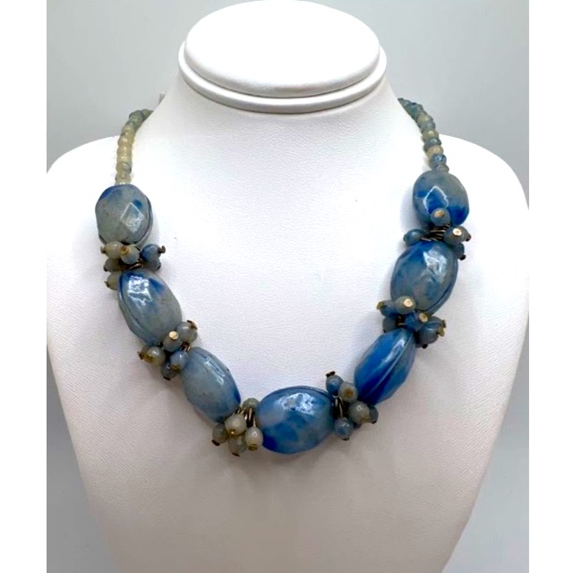 Blue Designer Glass Bead Necklace Approx 17”